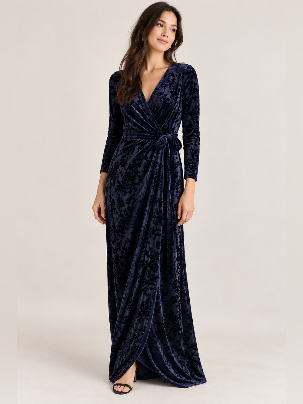 Lauren Ralph Lauren Navy Floral Velvet Burnout Wrap Maxi Dress Size 8